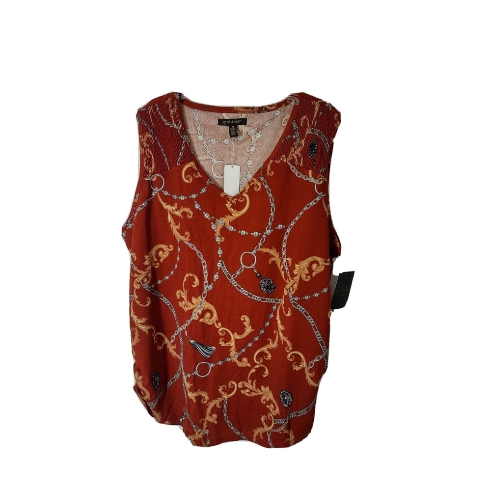 Goddess Tank Top Women 3X Red New Baroque Chain Print Sleeveless Boho Plus Size‎